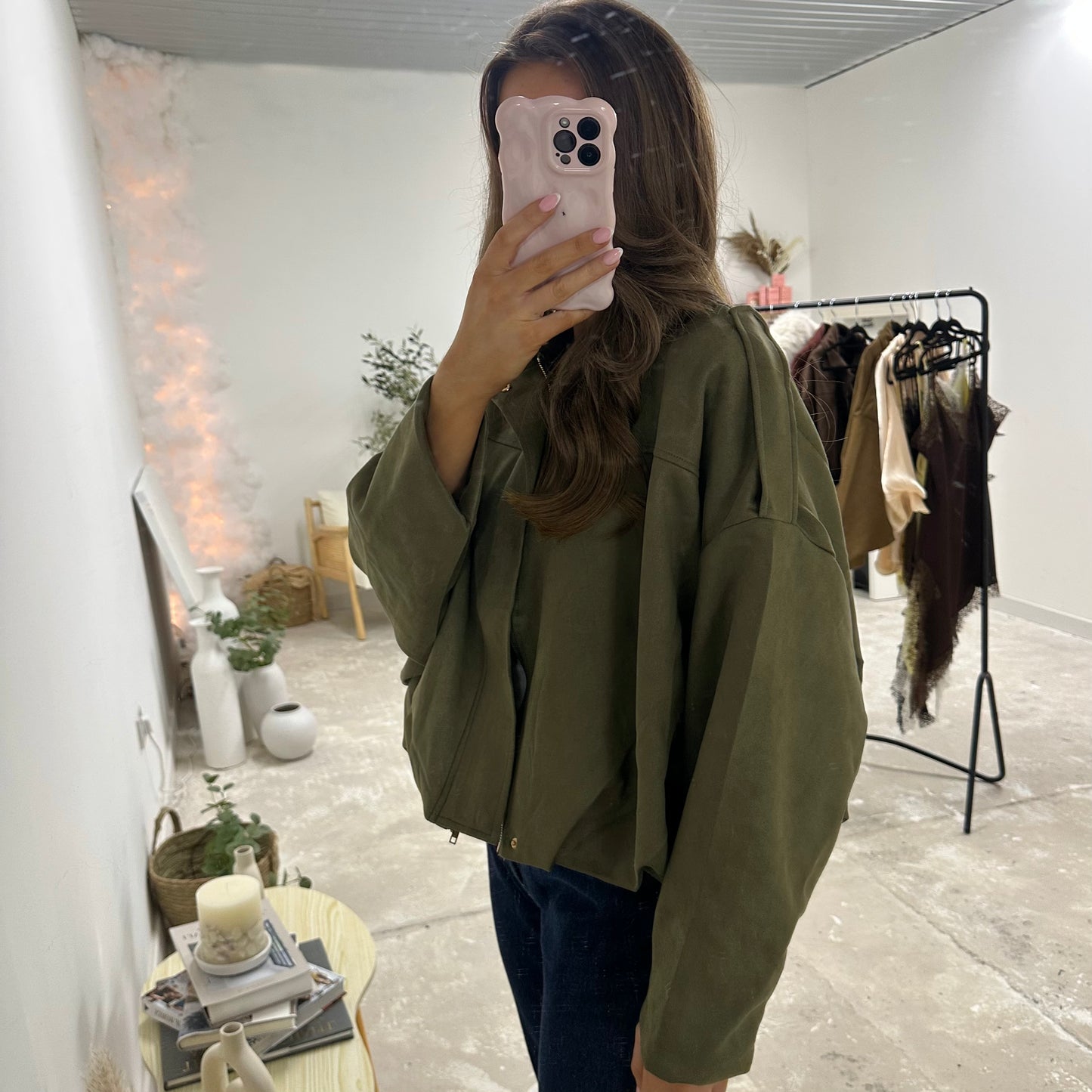 MILACCOLLECTION Khaki Suede Bomber Jacket