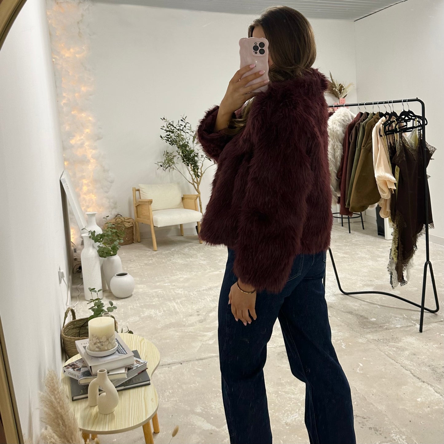 MILACCOLLECTION Beau Burgundy Faux Fur Coat