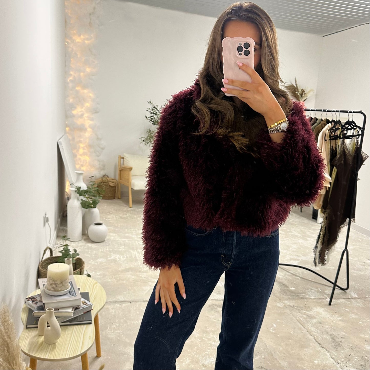 MILACCOLLECTION Mabel Dark Red Faux Fur Coat