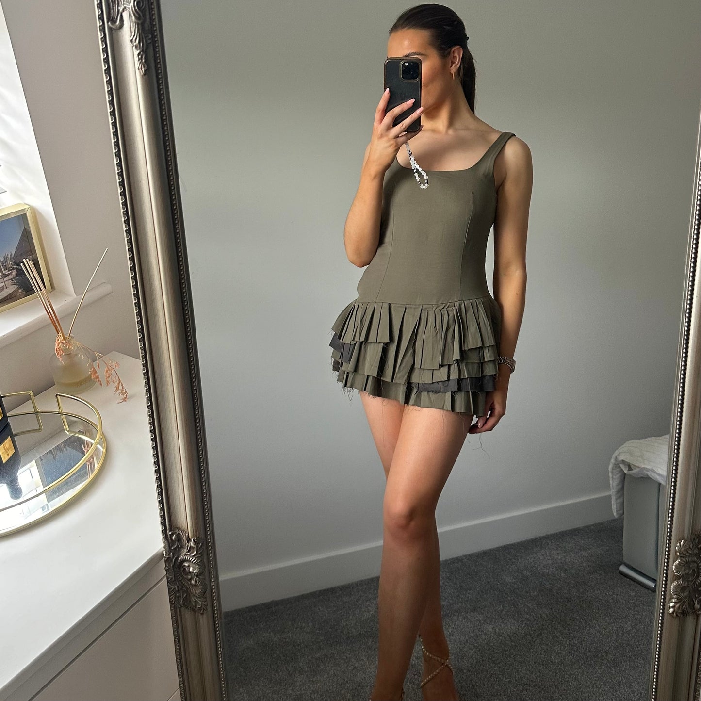 MILACCOLLECTION Khaki Green Pleated Playsuit Dress