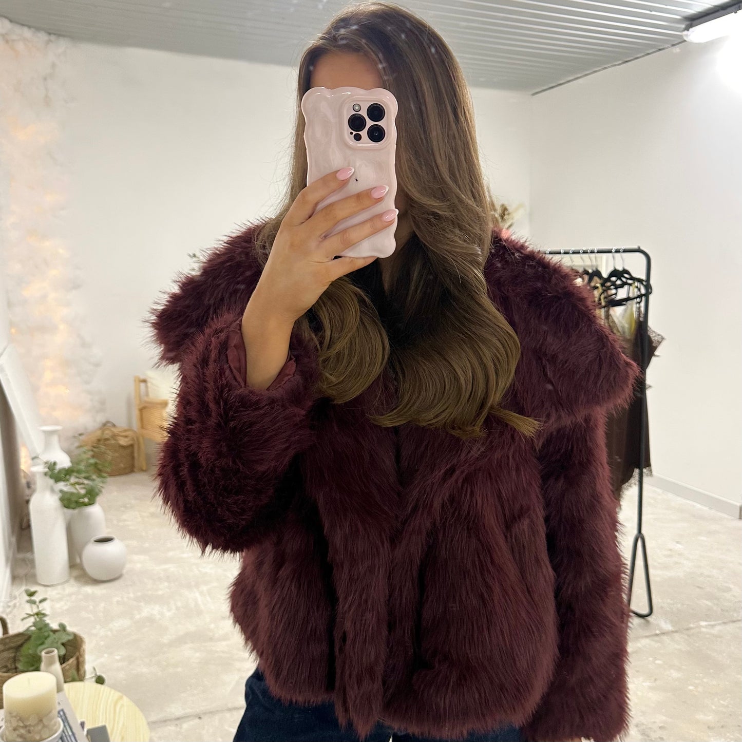 MILACCOLLECTION Beau Burgundy Faux Fur Coat