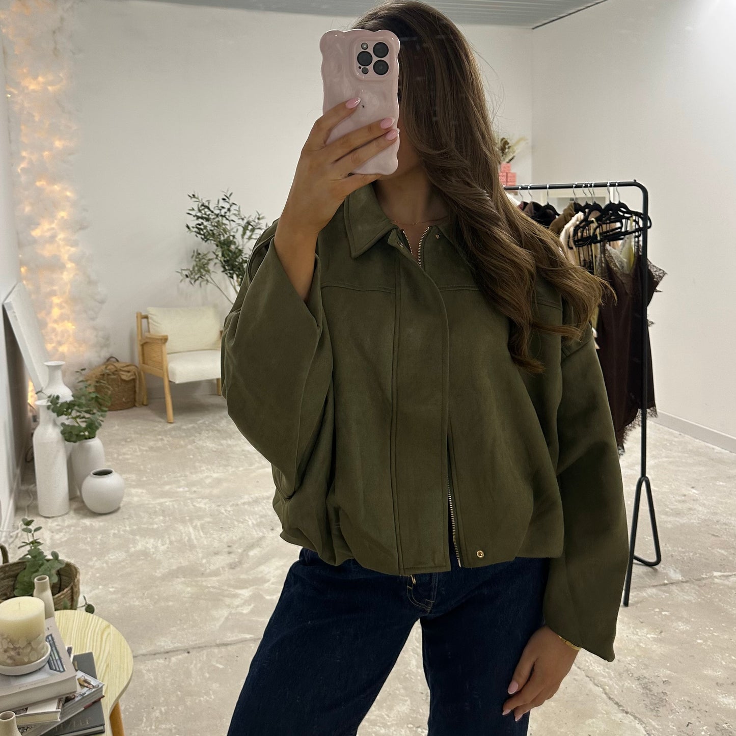 MILACCOLLECTION Khaki Suede Bomber Jacket