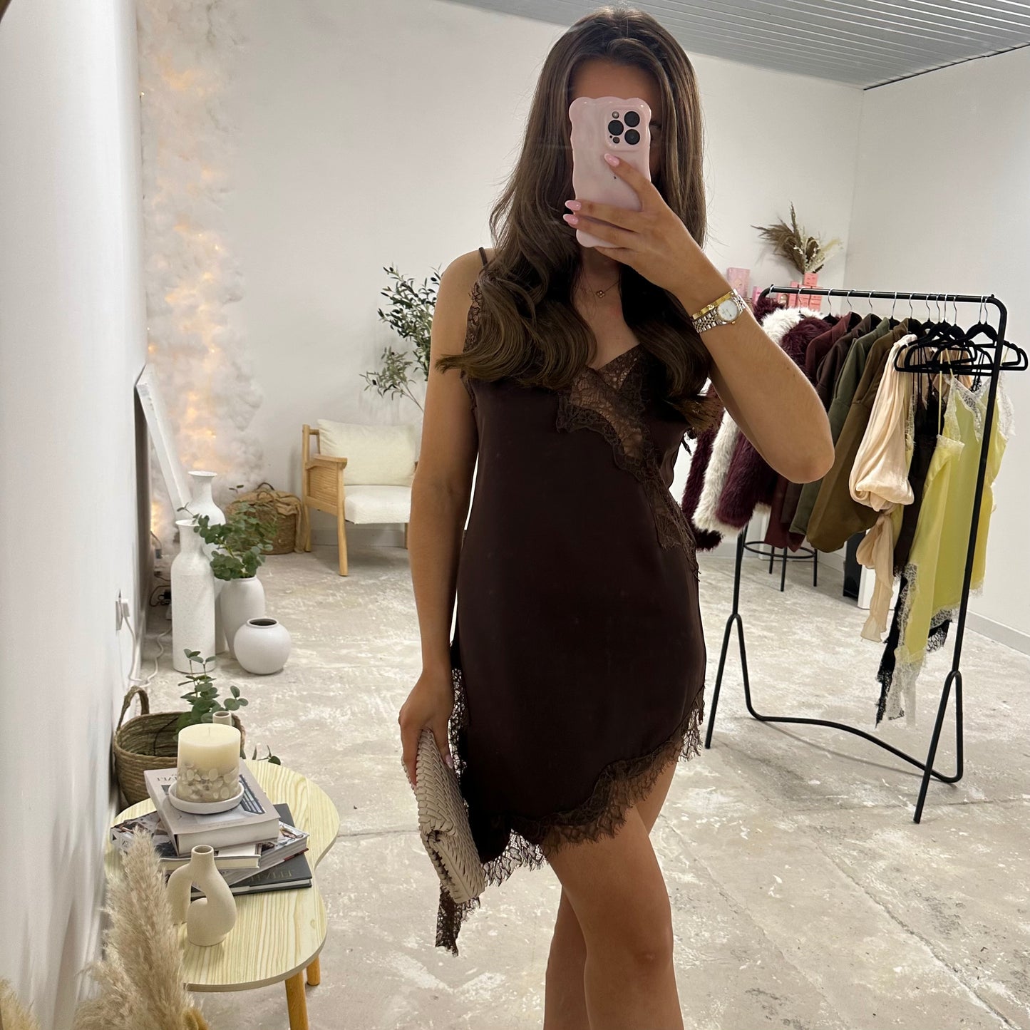 MILACCOLLECTION Brown Lace Satin Dress