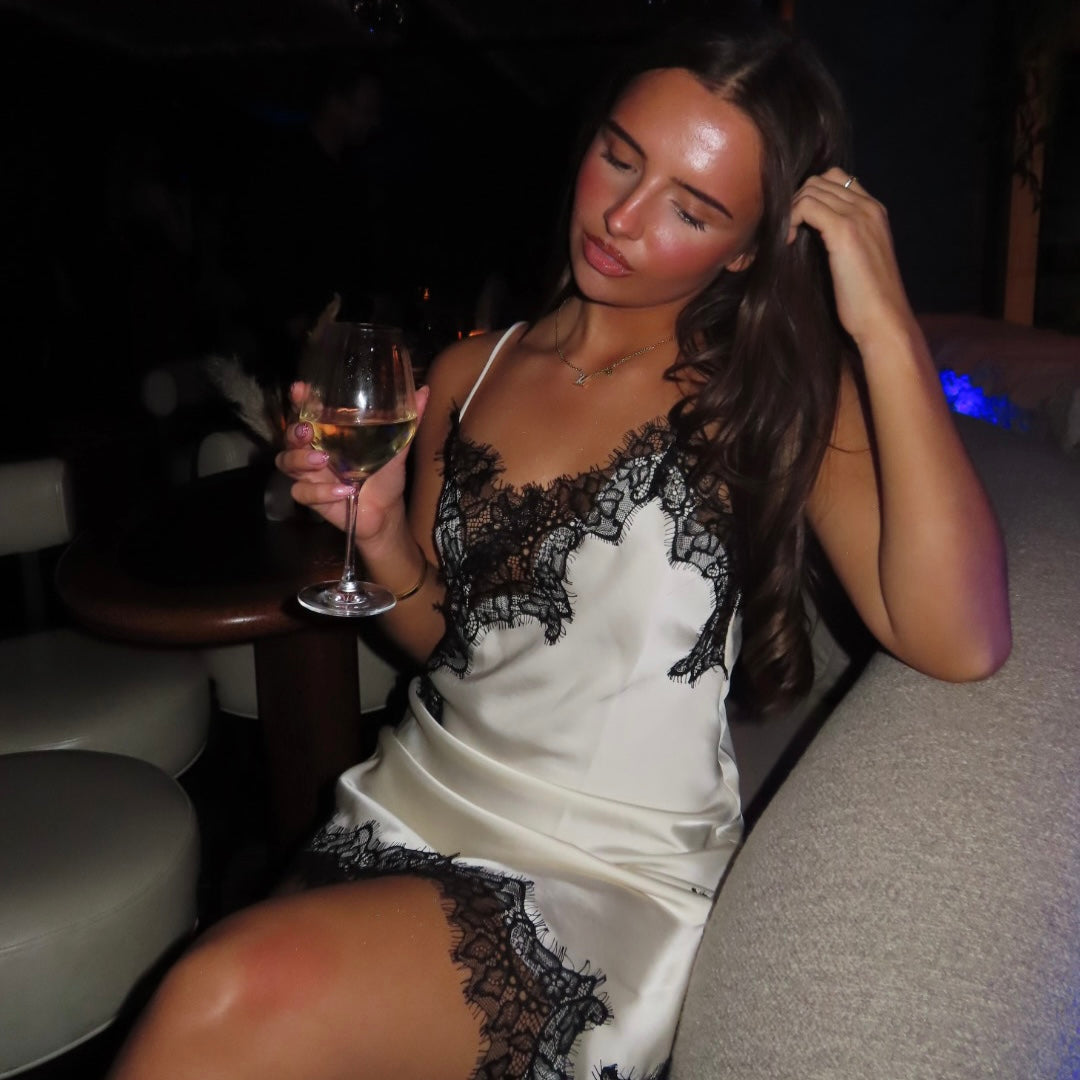 MILACCOLLECTION Cream and Black Lace Satin Dress