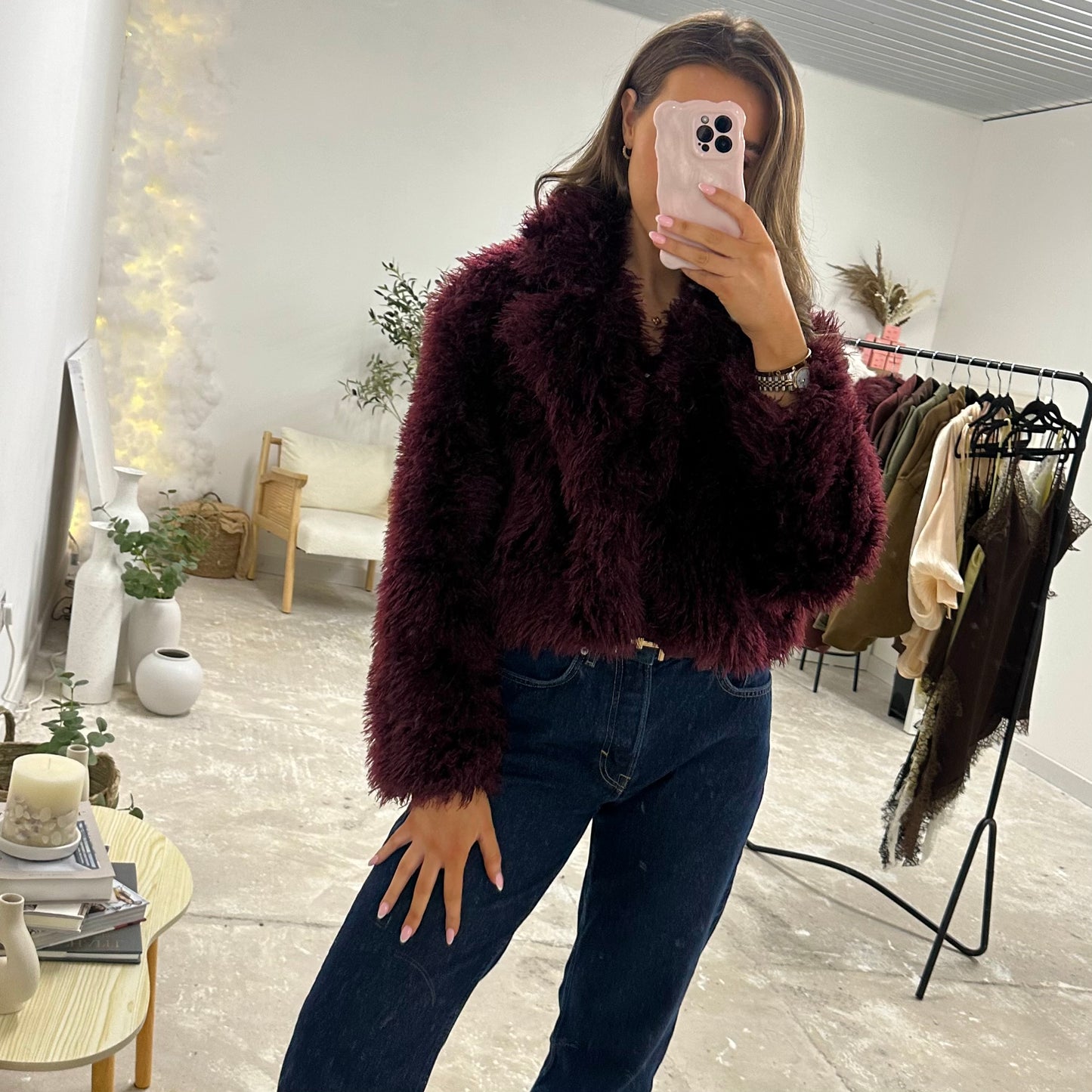 MILACCOLLECTION Mabel Dark Red Faux Fur Coat