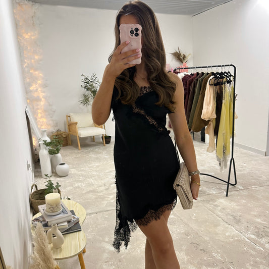 MILACCOLLECTION Black Lace Satin Dress
