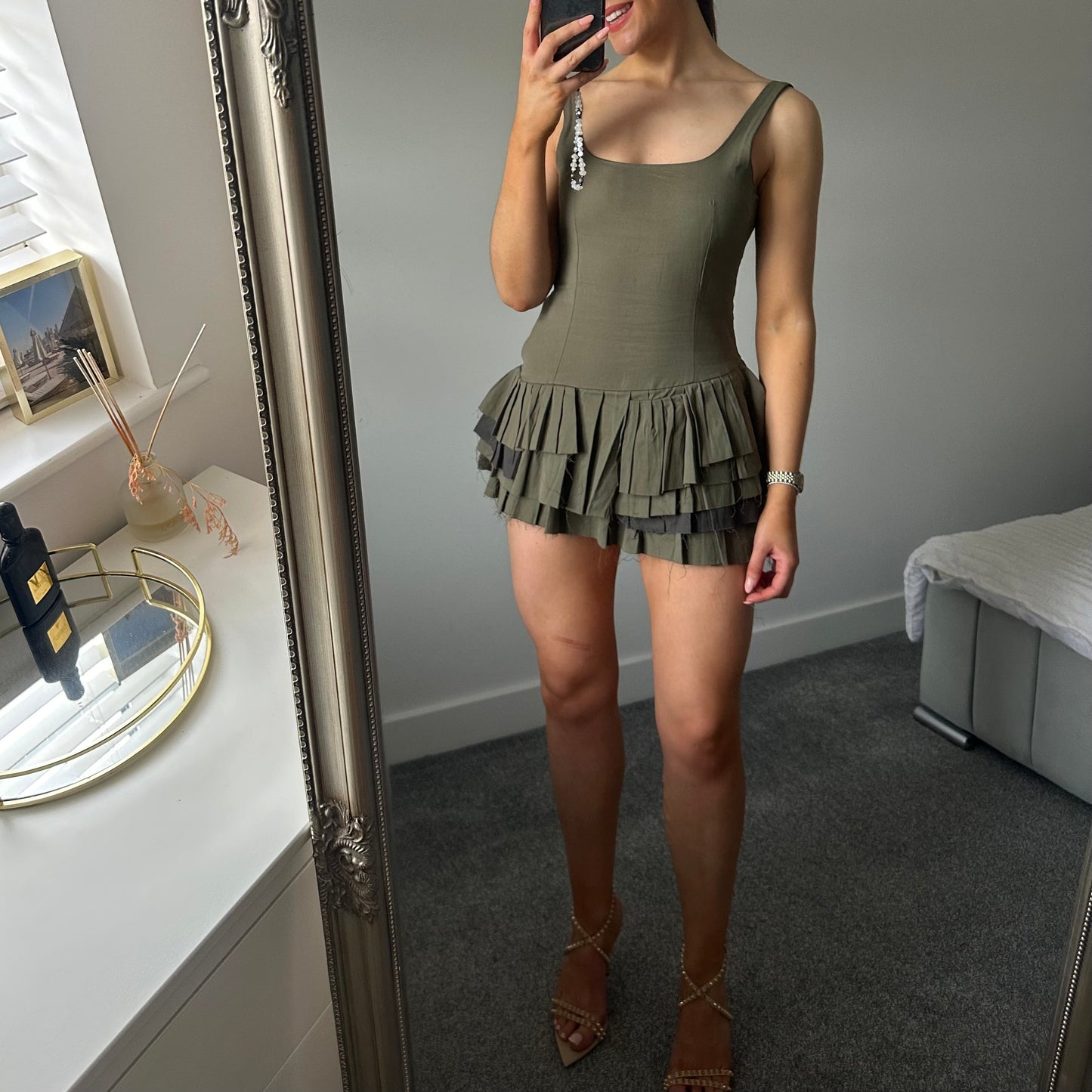 MILACCOLLECTION Khaki Green Pleated Playsuit Dress