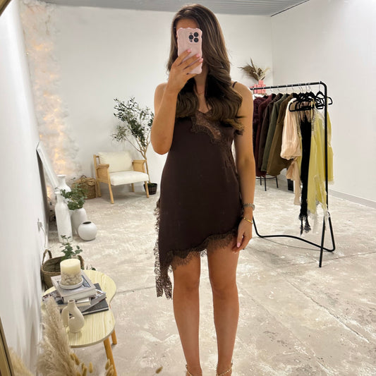 MILACCOLLECTION Brown Lace Satin Dress