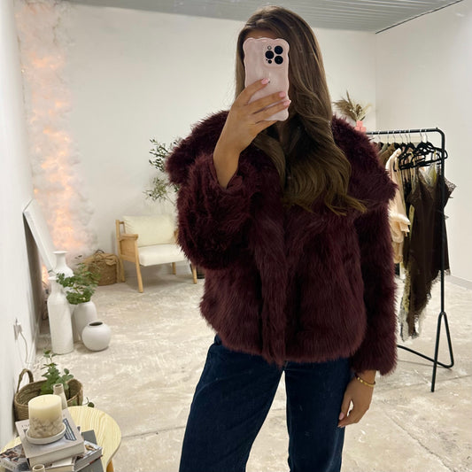 MILACCOLLECTION Beau Burgundy Faux Fur Coat