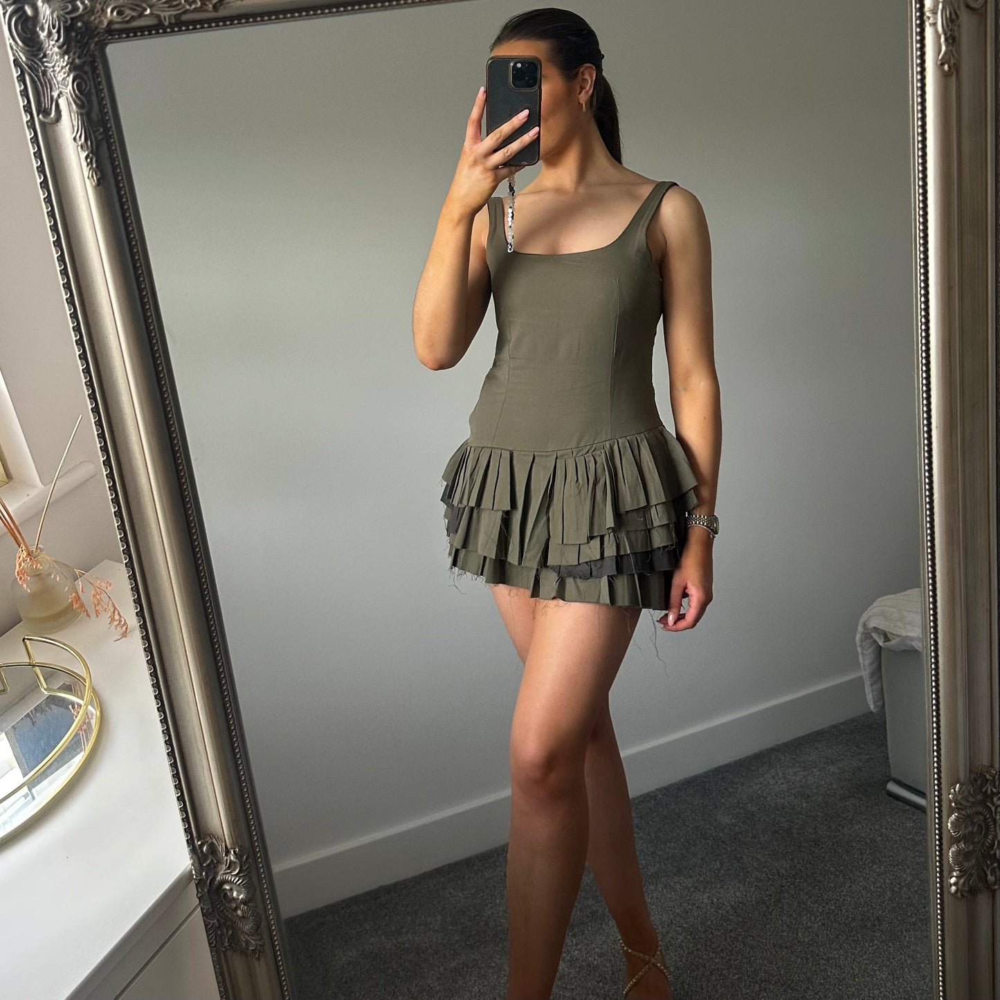 MILACCOLLECTION Khaki Green Pleated Playsuit Dress