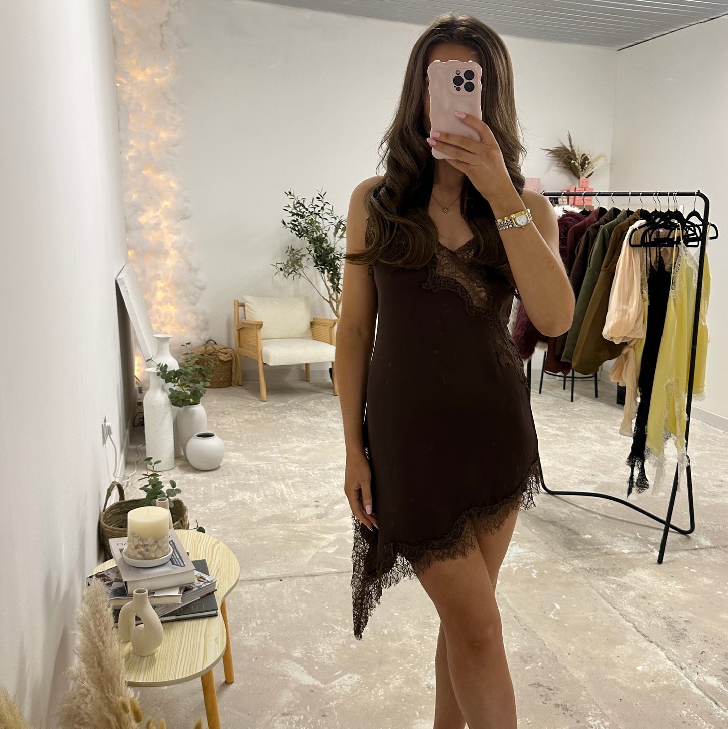 MILACCOLLECTION Brown Lace Satin Dress